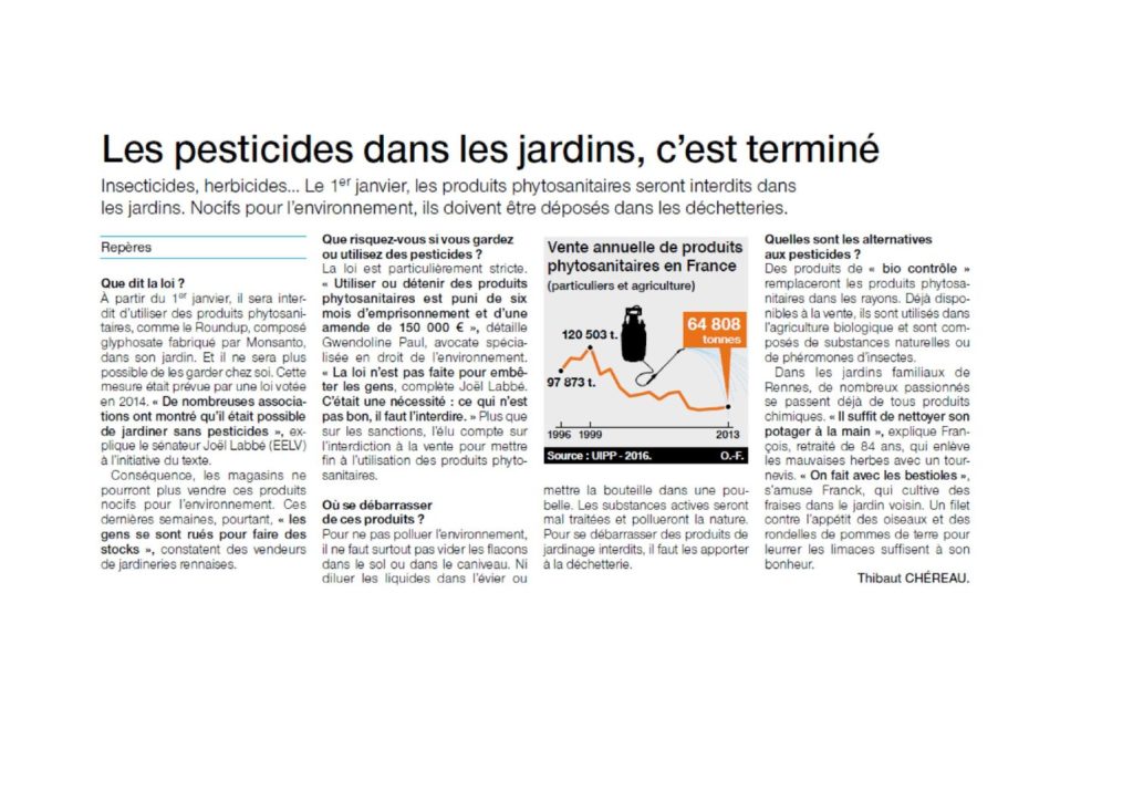 Les pesticides dans les jardins, c’est terminé (Ouest France, 28.12.2018)